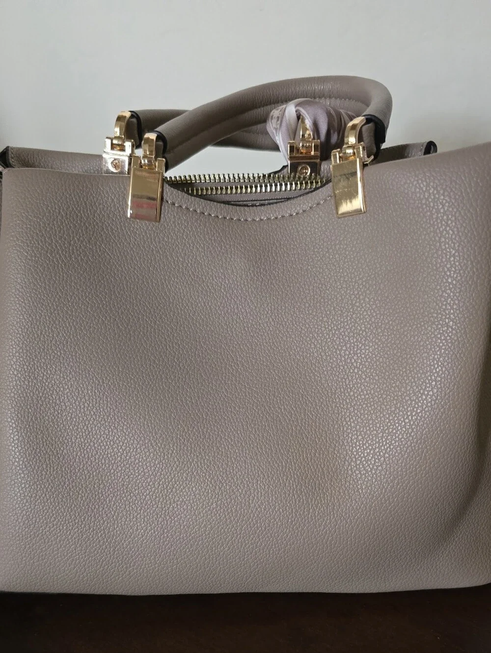 Badgley Mischka Taupe Leather Top-Handle Satchel with Scarf Accent